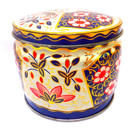'PAISLEY BLUES': A Small Round Vintage Tin Can Container, Made in England