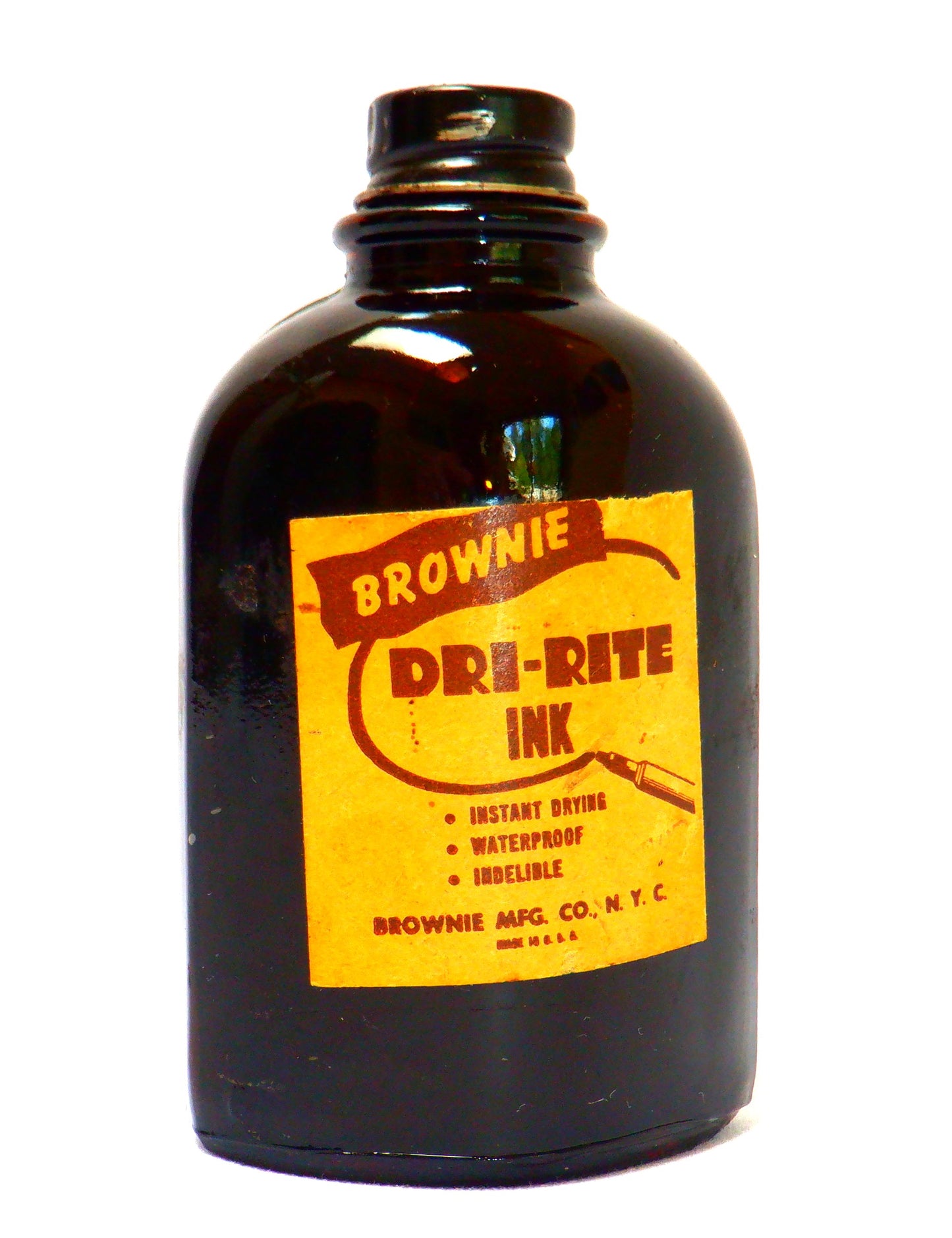 RARE DRI-RITE INK VINTAGE BROWN GLASS BOTTLE, by the Brownie Mfg. Co. of New York City, USA