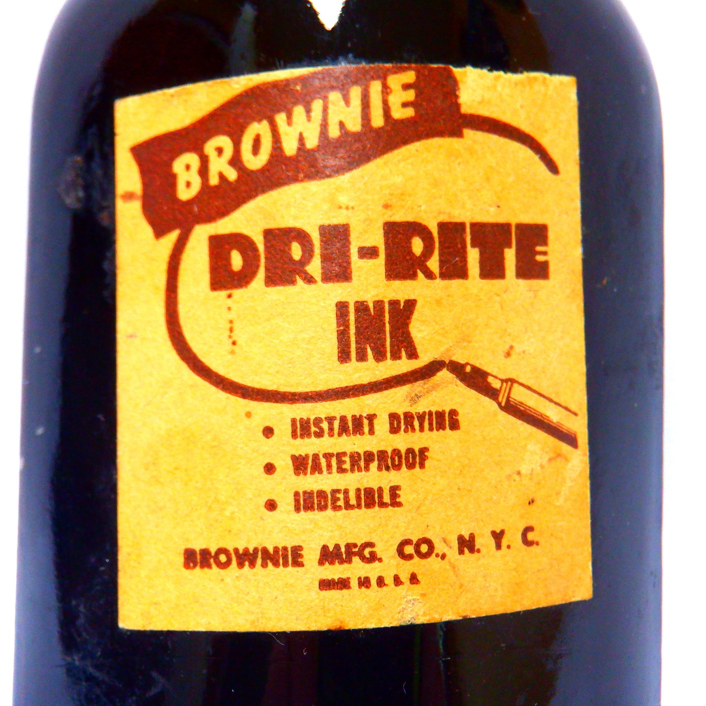 RARE DRI-RITE INK VINTAGE BROWN GLASS BOTTLE, by the Brownie Mfg. Co. of New York City, USA