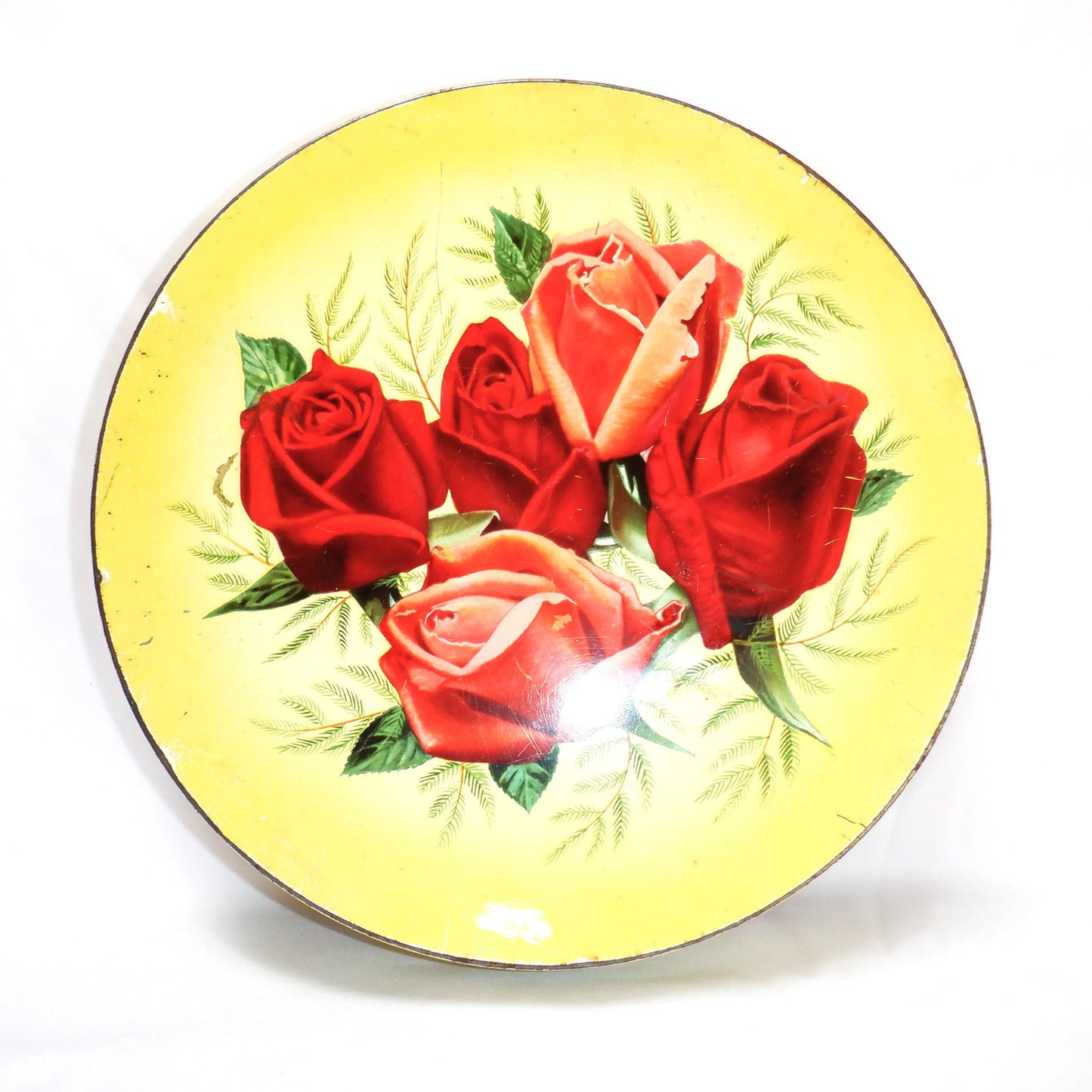 PEAK FREAN BISCUIT COMPANY LIMITED, presents a vintage Large Round Cookie Tin: 'THE FIVE-ROSE BOUQUET'