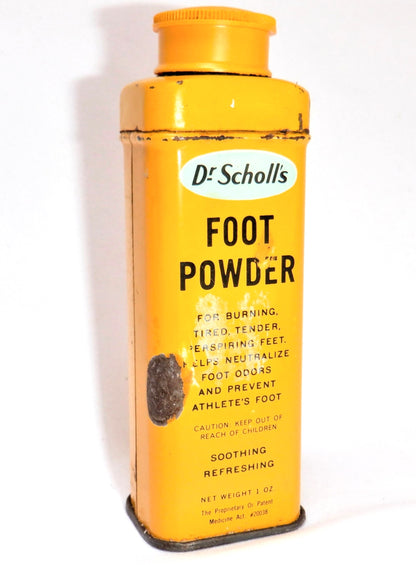 DR. SCHOLL'S SOOTHING FOOT POWDER SHAKER, Vintage Yellow Tin Container with Original Contents!