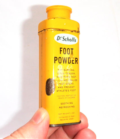 DR. SCHOLL'S SOOTHING FOOT POWDER SHAKER, Vintage Yellow Tin Container with Original Contents!