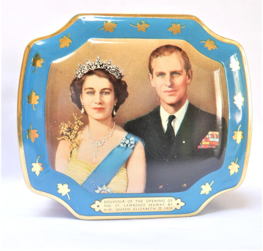 1959 QUEEN ELIZABETH II and PRINCE PHILLIP VINTAGE TIN CAN: 'Souvenir of the Opening of The Canadian St. Lawrence Seaway'