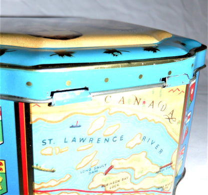 1959 QUEEN ELIZABETH II and PRINCE PHILLIP VINTAGE TIN CAN: 'Souvenir of the Opening of The Canadian St. Lawrence Seaway'