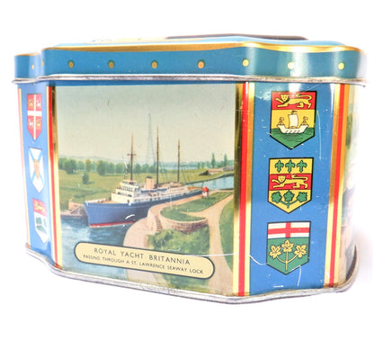 1959 QUEEN ELIZABETH II and PRINCE PHILLIP VINTAGE TIN CAN: 'Souvenir of the Opening of The Canadian St. Lawrence Seaway'