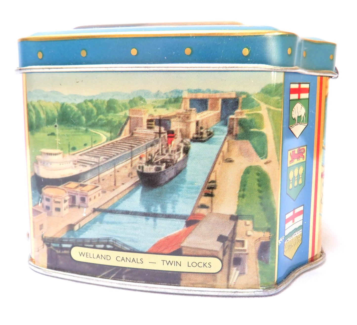 1959 QUEEN ELIZABETH II and PRINCE PHILLIP VINTAGE TIN CAN: 'Souvenir of the Opening of The Canadian St. Lawrence Seaway'