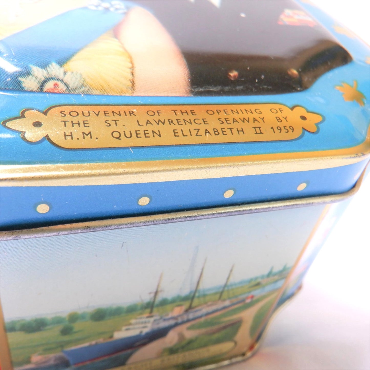 1959 QUEEN ELIZABETH II and PRINCE PHILLIP VINTAGE TIN CAN: 'Souvenir of the Opening of The Canadian St. Lawrence Seaway'