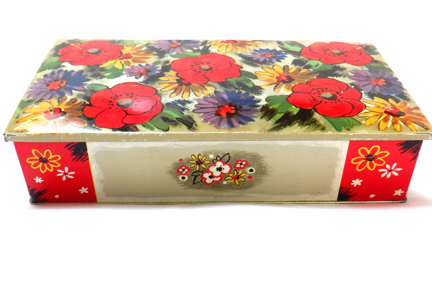 Vintage Hinged-Lid Tin Can Container by BLUEBIRD CONFECTIONERY: 'Flower-Power'