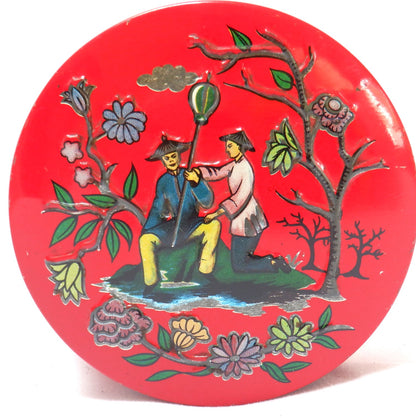 An Ultra-Rare Small Round Vintage British Tin Can Container from the 1950's: 'CHINESE COUPLE ON A SMALL ISLAND'