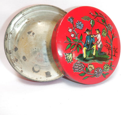 An Ultra-Rare Small Round Vintage British Tin Can Container from the 1950's: 'CHINESE COUPLE ON A SMALL ISLAND'