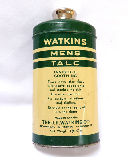 WATKINS Vintage Mens Talcum Shaker Tin Can w/contents, RARE CANADIAN BILINGUAL PACKAGING!