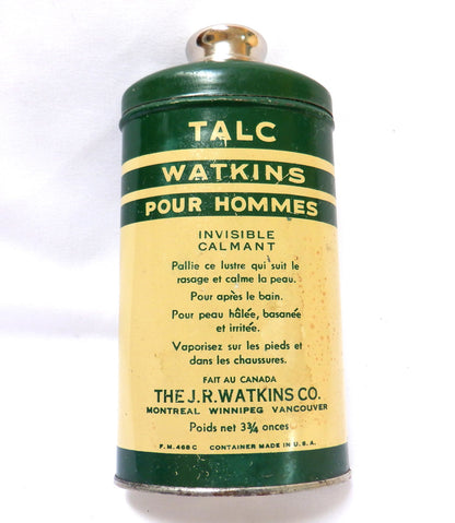 WATKINS Vintage Mens Talcum Shaker Tin Can w/contents, RARE CANADIAN BILINGUAL PACKAGING!