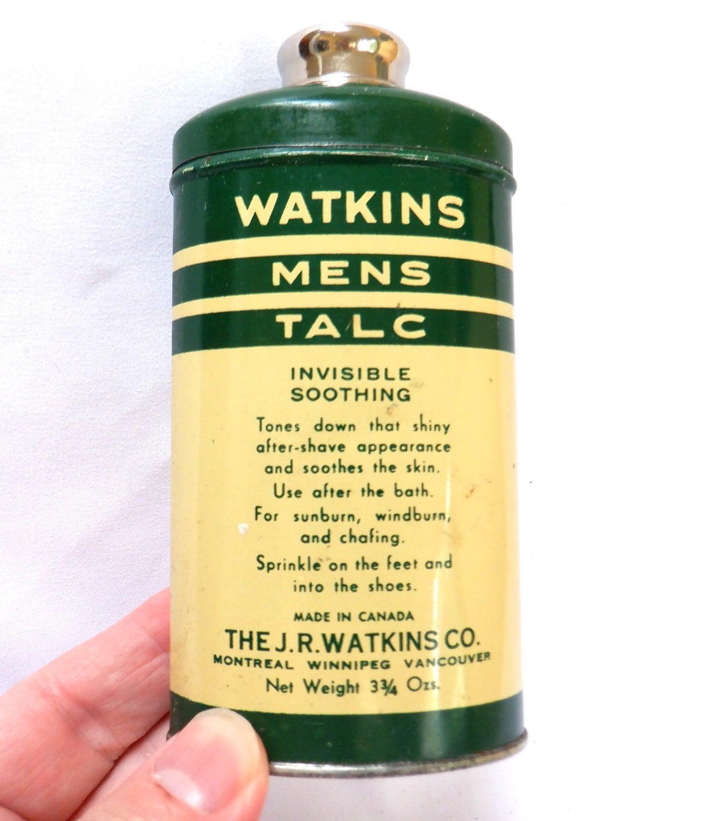 WATKINS Vintage Mens Talcum Shaker Tin Can w/contents, RARE CANADIAN BILINGUAL PACKAGING!