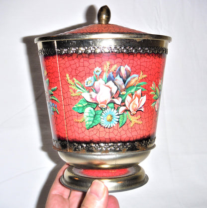 Vintage Round Tin Can in Pink Faux Crackle-Like Finish, Made in England