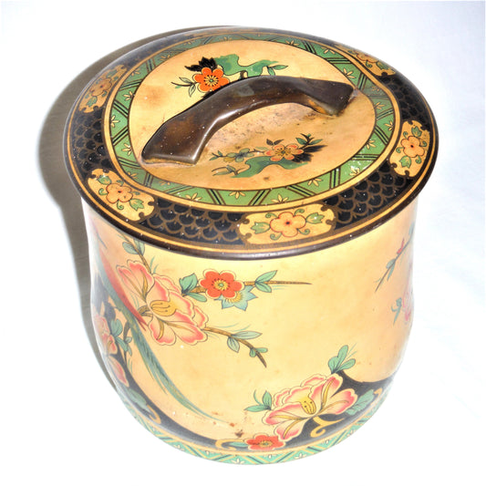 A Vintage Round Tin Can with Amazing Yellowed Patina and Squished Quirky Lid, Made in England