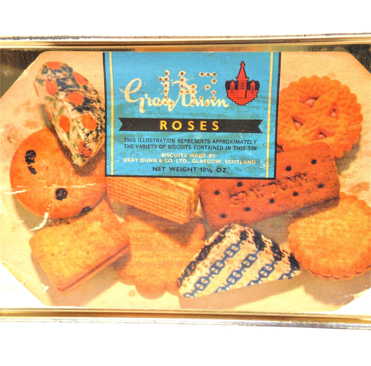 GRAY DUNN BISCUIT MANUFACTURERS: "ROSES" A Vintage Scottish Biscuit Tin with Original Cookie Photograph!