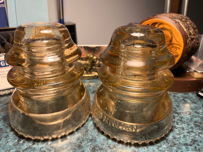 DOMINION GLASS CANADIAN TELEGRAPH INSULATOR #42D, in a Beautiful Dusty Rose Colour, (AND various shades of Green)