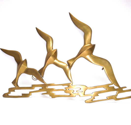 Vintage Hand-Made Pure Brass Wall Sculpture: 'THREE FLYING SEAGULLS', by SOFICO Art in Metal Company