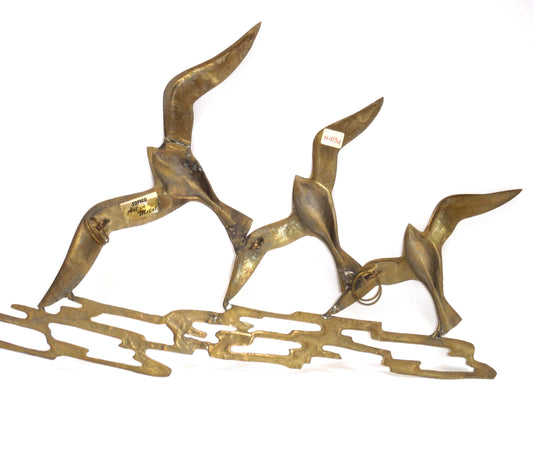 Vintage Hand-Made Pure Brass Wall Sculpture: 'THREE FLYING SEAGULLS', by SOFICO Art in Metal Company