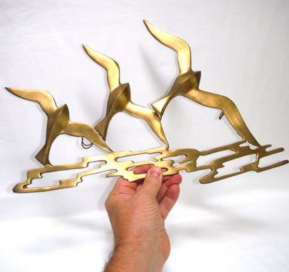 Vintage Hand-Made Pure Brass Wall Sculpture: 'THREE FLYING SEAGULLS', by SOFICO Art in Metal Company