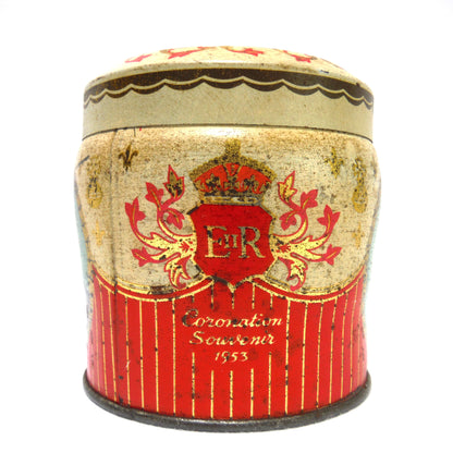 H.M. QUEEN ELIZABETH II and PRINCE PHILIP 1953 Coronation Souvenir Tin Container, by Henry, Thorne  and Company of Leeds, England