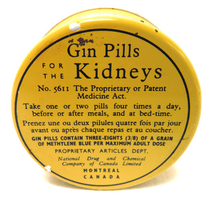 Vintage Tin Container: GIN PILLS FOR THE KIDNEYS by The National Drug and Chemical Company of Canada, Montreal