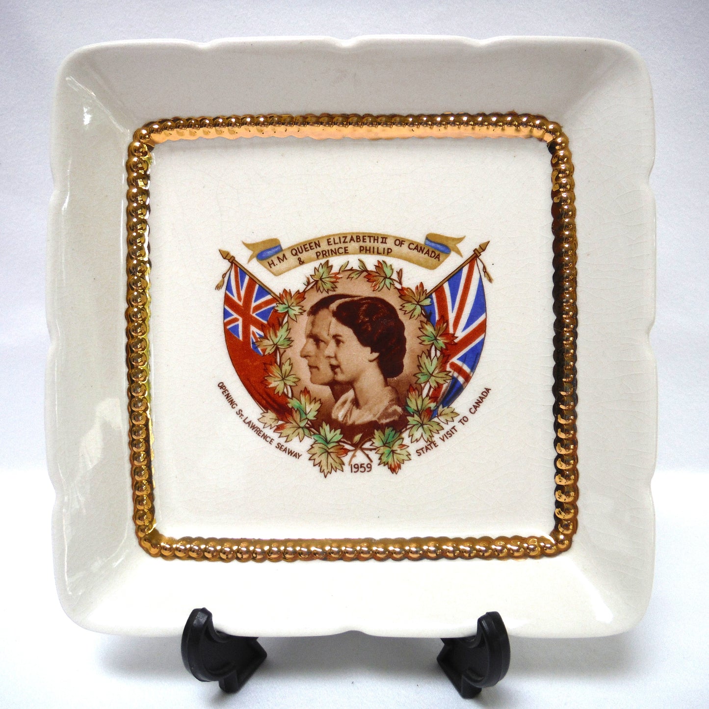 H.M. QUEEN ELIZABETH II and PRINCE PHILIP 1959 SQUARE PORTRAIT SOUVENIR TRAY: Celebration of The St. Lawrence Seaway Opening and State Visit To Canada