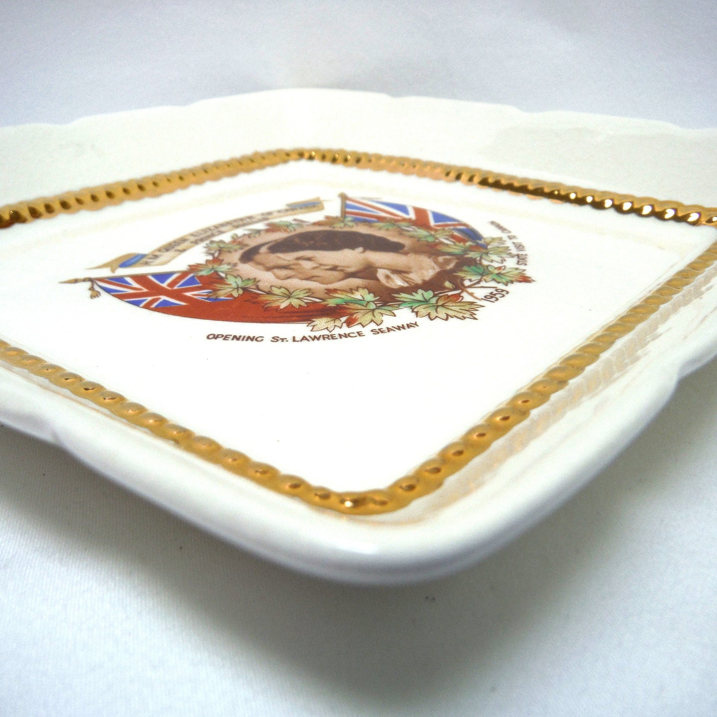 H.M. QUEEN ELIZABETH II and PRINCE PHILIP 1959 SQUARE PORTRAIT SOUVENIR TRAY: Celebration of The St. Lawrence Seaway Opening and State Visit To Canada