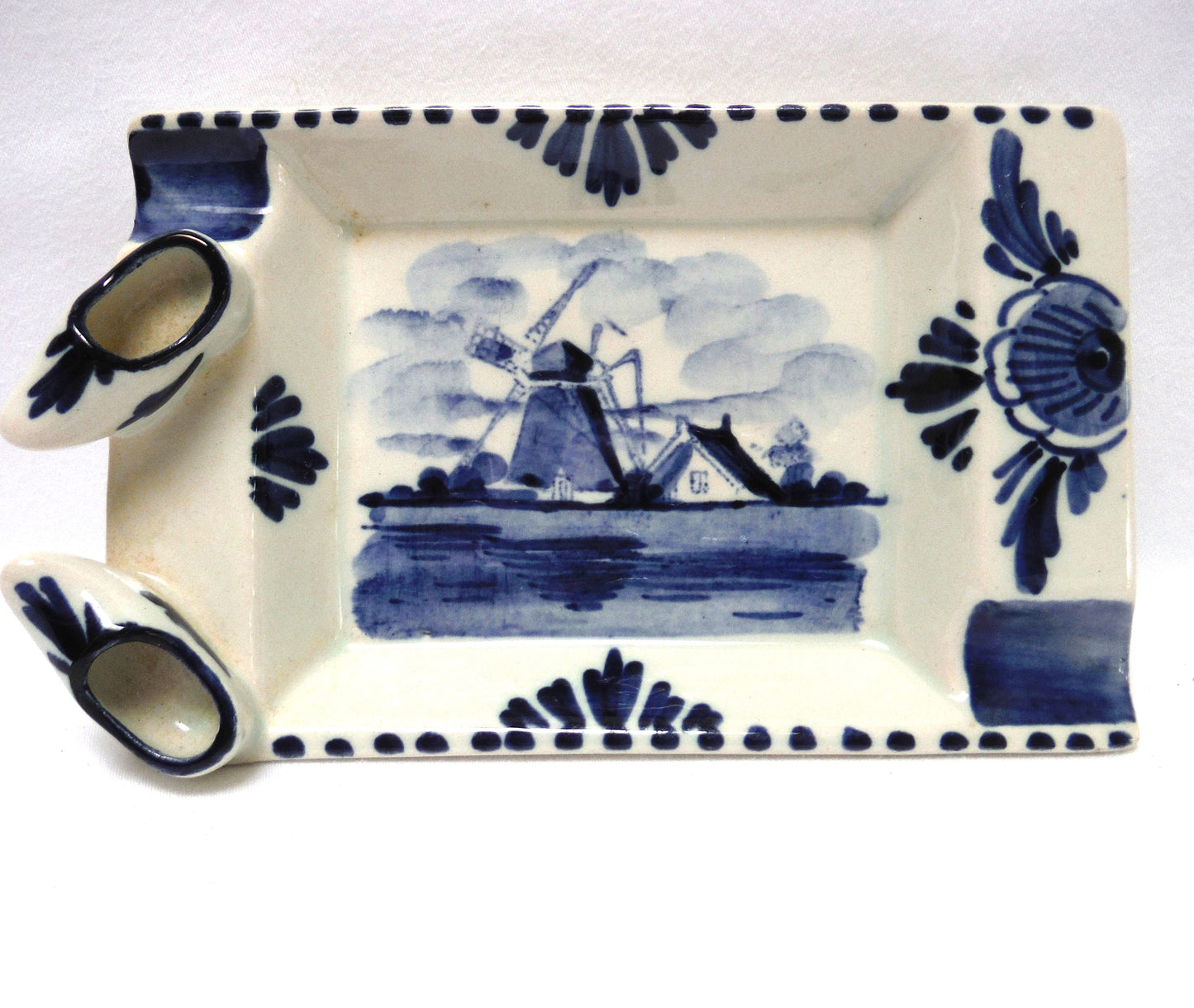 Vintage Delft Blue Rectangular Trinket Dish Holland Windmill and Clogs Ash Tray