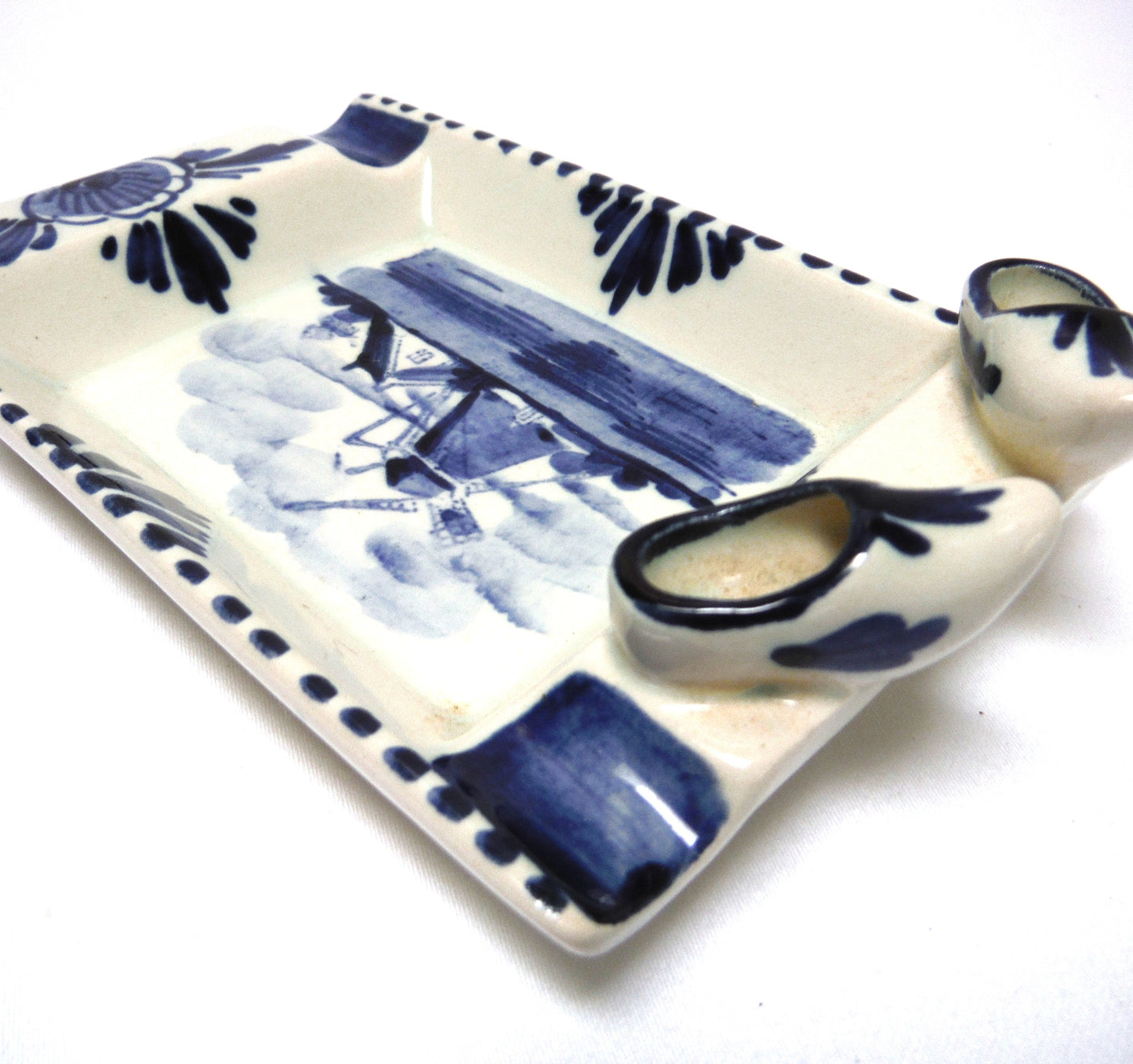 Vintage Delft Blue Rectangular Trinket Dish Holland Windmill and Clogs Ash Tray