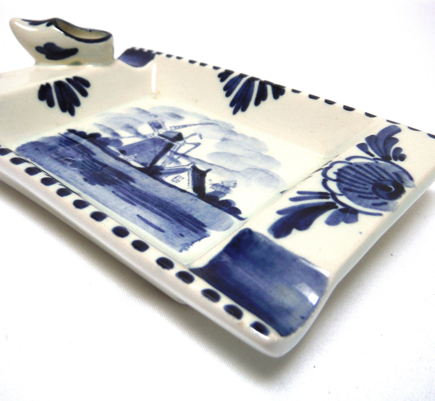 Vintage Delft Blue Rectangular Trinket Dish Holland Windmill and Clogs Ash Tray