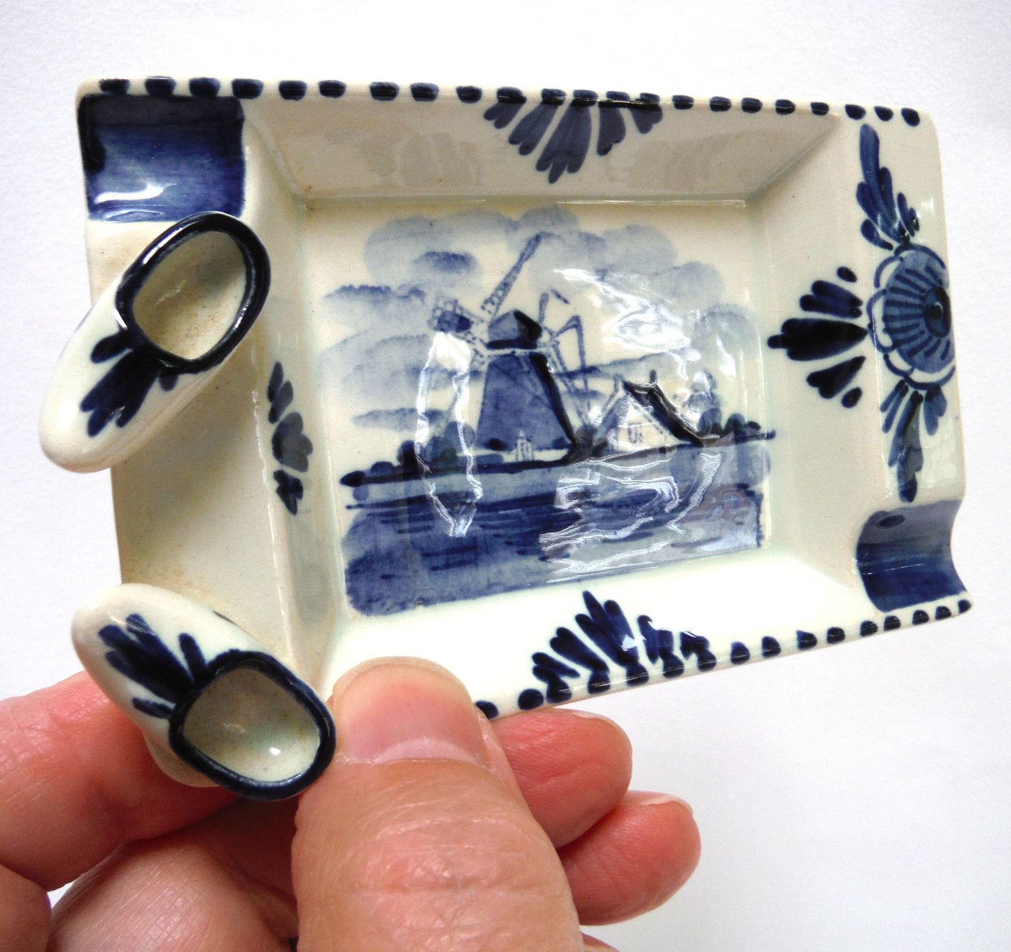 Vintage Delft Blue Rectangular Trinket Dish Holland Windmill and Clogs Ash Tray