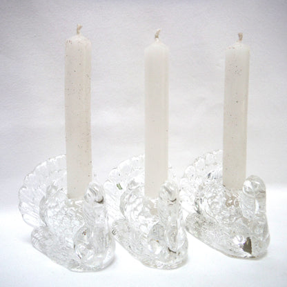 Miniature Set of THREE Clear Glass Tapered Candle Holders: GOBBLE-GOBBLE, TURKEY-TURKEYS!