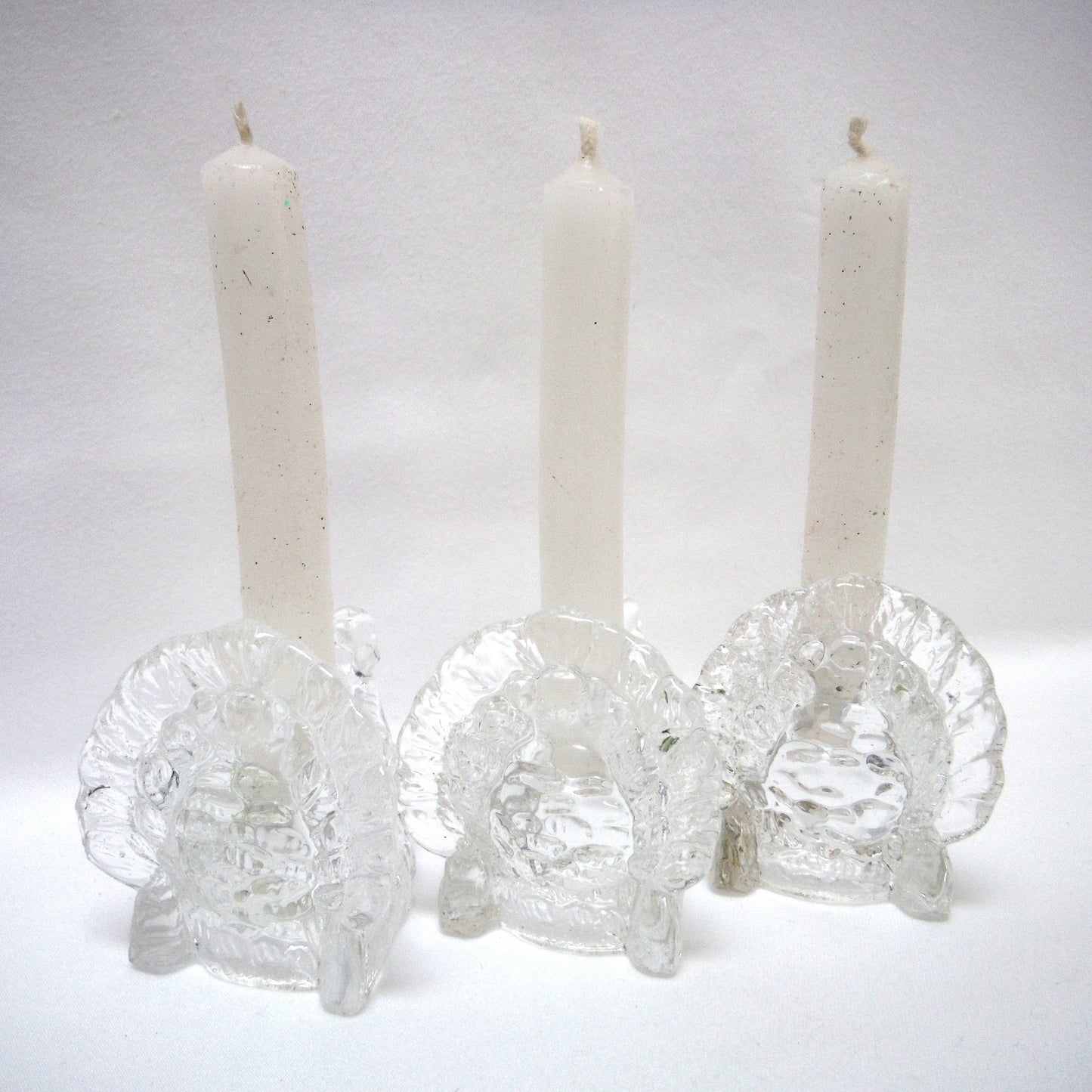Miniature Set of THREE Clear Glass Tapered Candle Holders: GOBBLE-GOBBLE, TURKEY-TURKEYS!