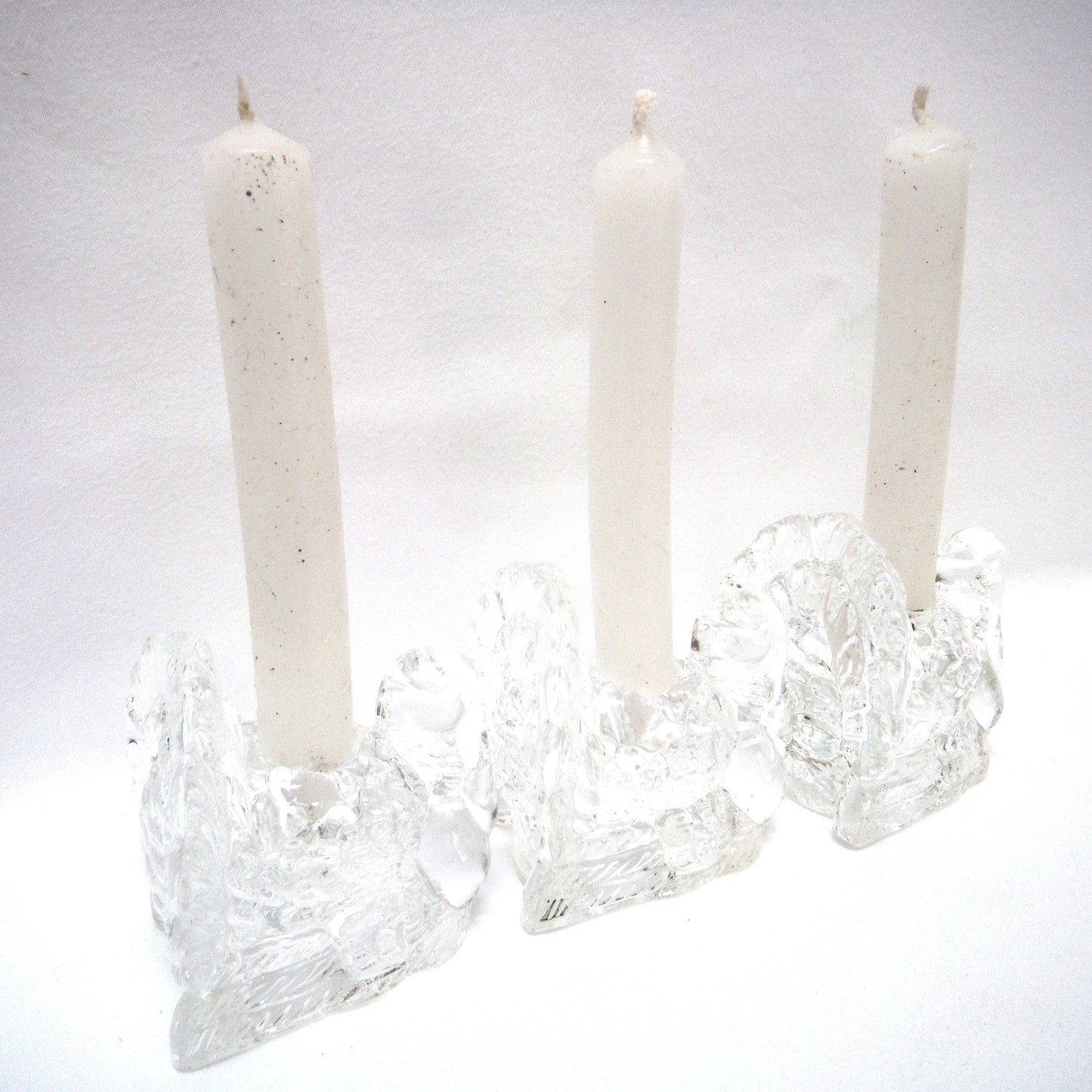 Miniature Set of THREE Clear Glass Tapered Candle Holders: GOBBLE-GOBBLE, TURKEY-TURKEYS!