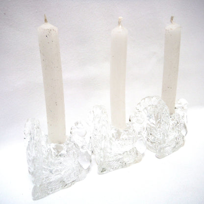 Miniature Set of THREE Clear Glass Tapered Candle Holders: GOBBLE-GOBBLE, TURKEY-TURKEYS!