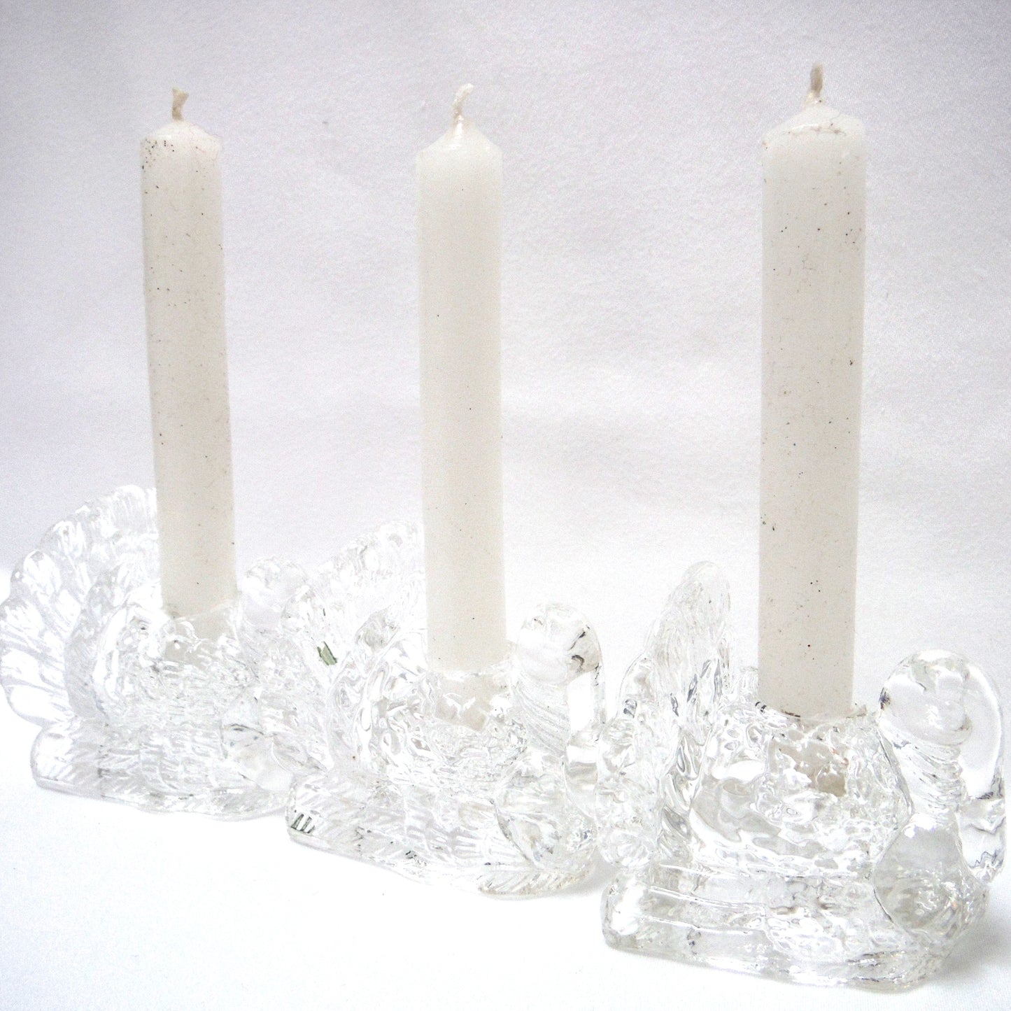 Miniature Set of THREE Clear Glass Tapered Candle Holders: GOBBLE-GOBBLE, TURKEY-TURKEYS!