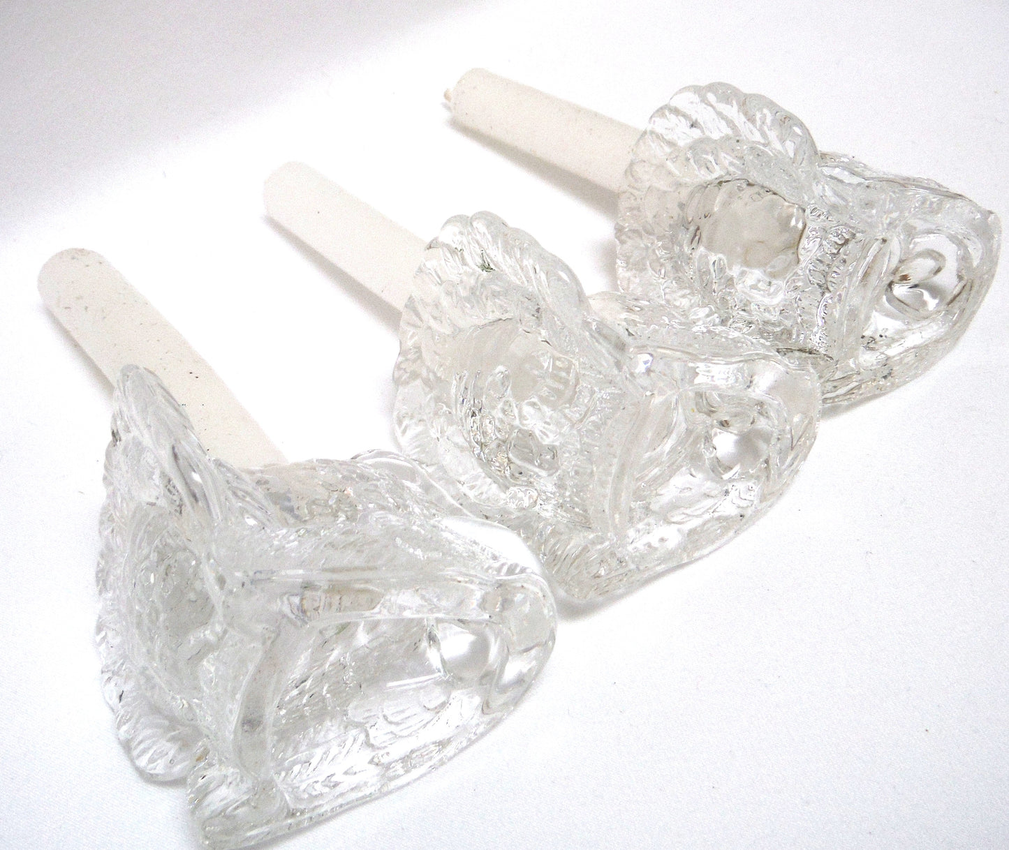 Miniature Set of THREE Clear Glass Tapered Candle Holders: GOBBLE-GOBBLE, TURKEY-TURKEYS!