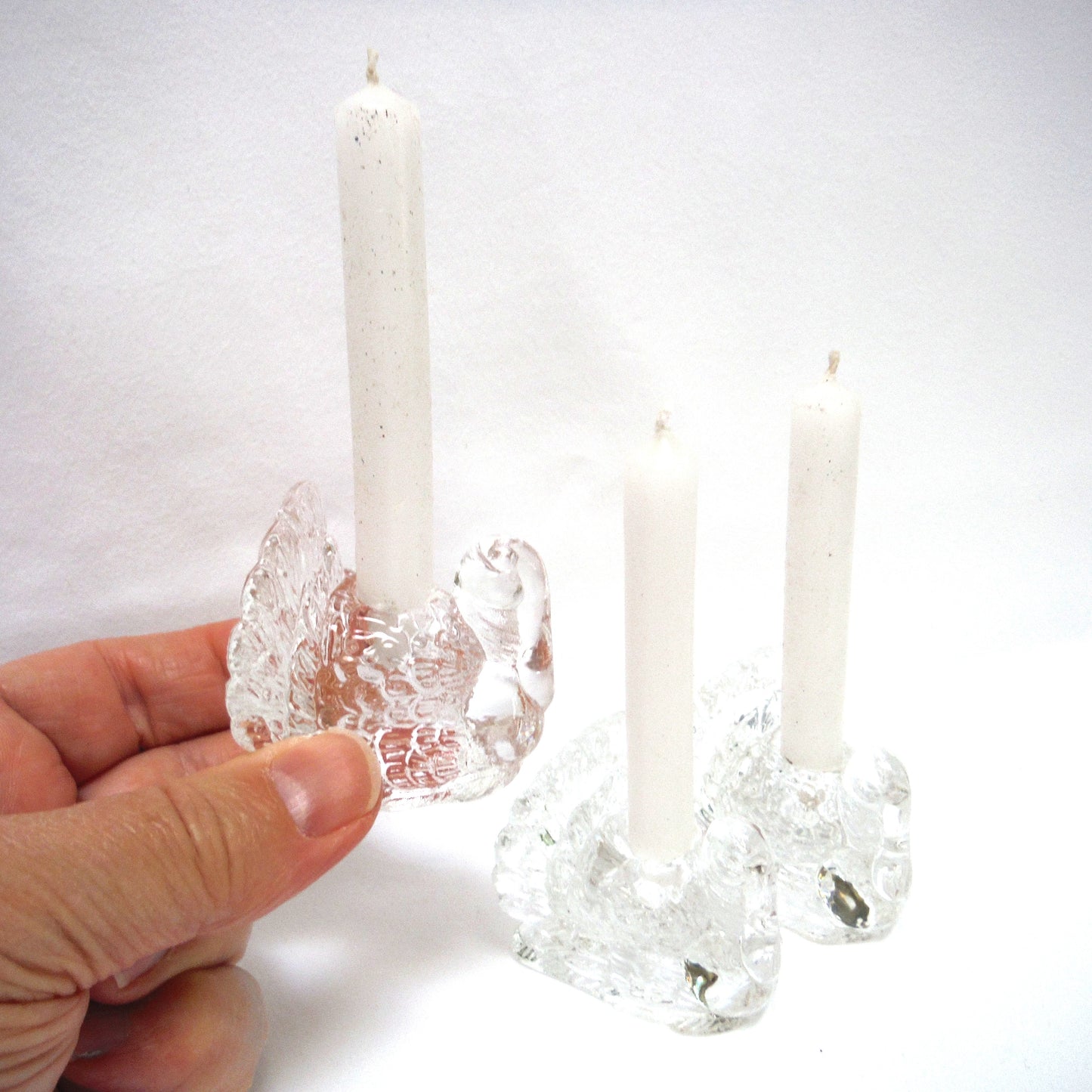Miniature Set of THREE Clear Glass Tapered Candle Holders: GOBBLE-GOBBLE, TURKEY-TURKEYS!