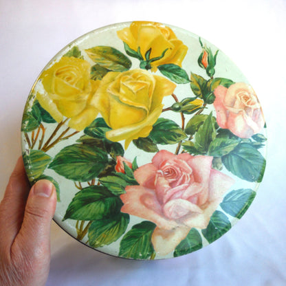 Large Round Vintage PINK & YELLOW ROSE BISCUIT TIN, by Huntley & Palmers of London, England