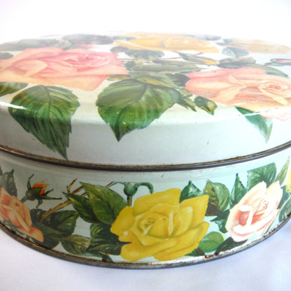 Large Round Vintage PINK & YELLOW ROSE BISCUIT TIN, by Huntley & Palmers of London, England