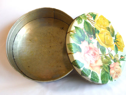 Large Round Vintage PINK & YELLOW ROSE BISCUIT TIN, by Huntley & Palmers of London, England