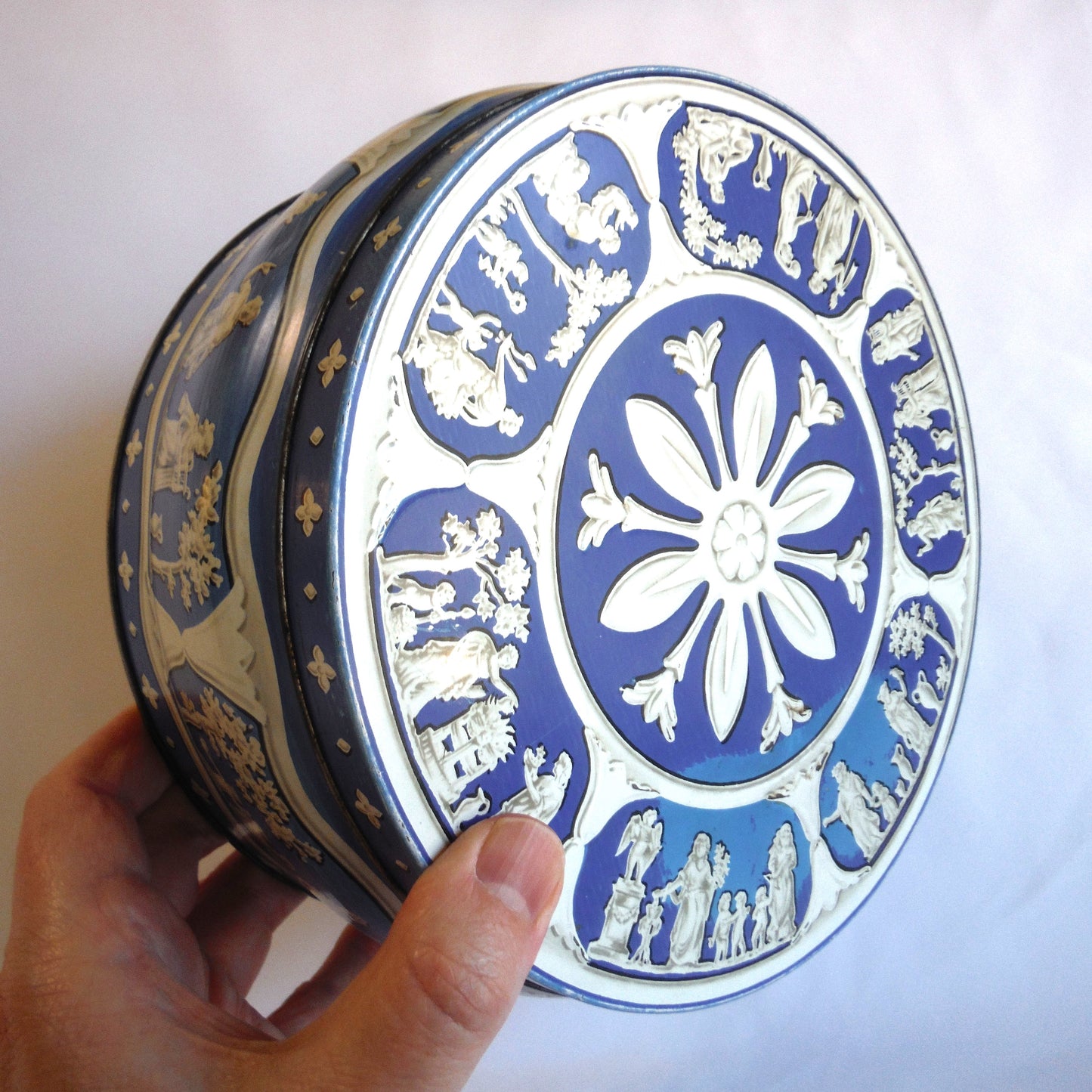 Vintage GREEK MARBLE GARDEN TIN, by Huntley & Palmers of London, England