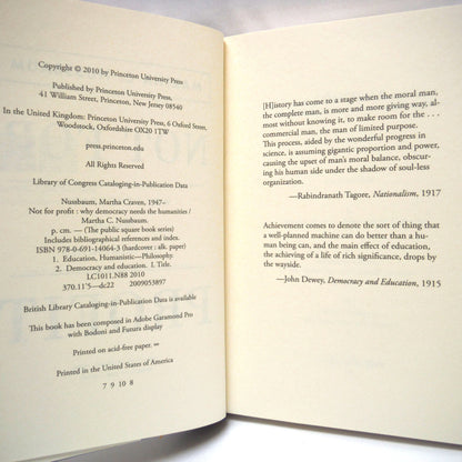 NOT FOR PROFIT: Why Democracy Needs The Humanities, by Martha C. Nussbaum (2010 1st Ed.)