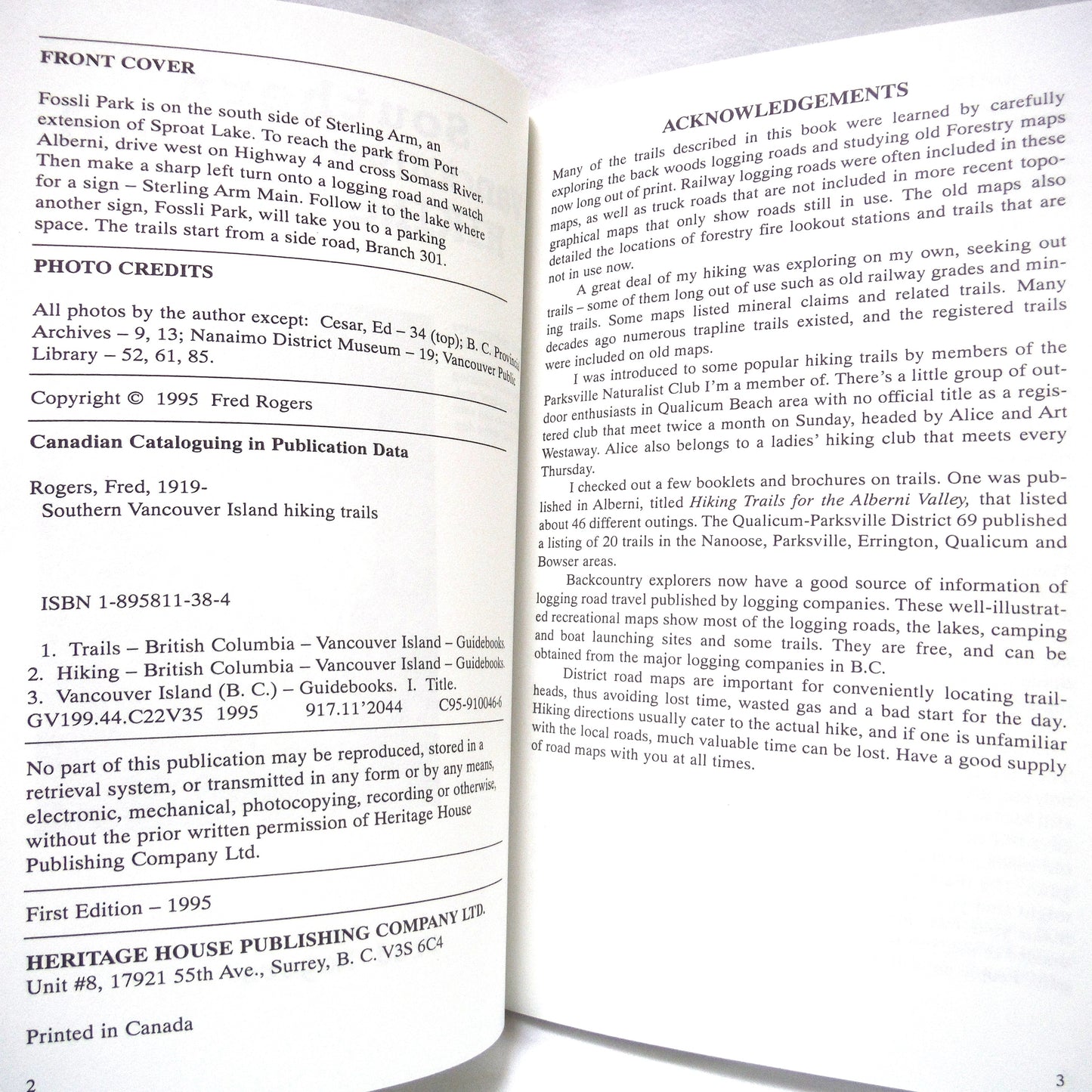 SOUTHERN VANCOUVER ISLAND HIKING TRAILS, 49 Adventure Trails For People of All Ages, by Fred Rogers (1995 1st Ed.)