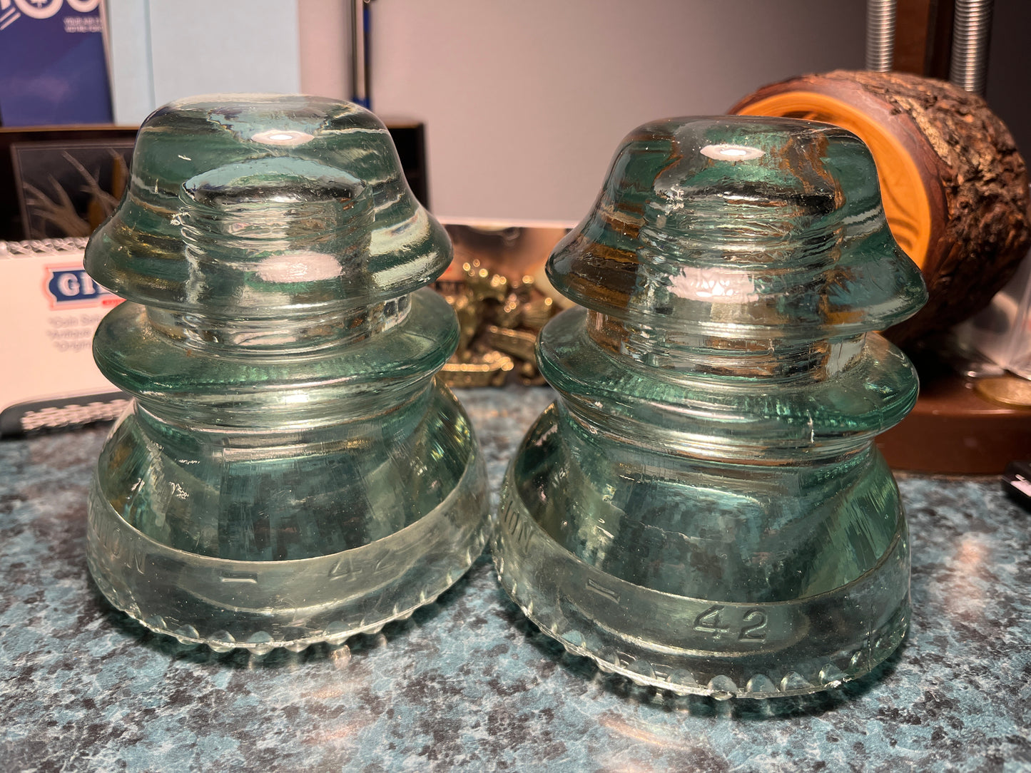 DOMINION GLASS CANADIAN TELEGRAPH INSULATOR #42D, in a Beautiful Dusty Rose Colour, (AND various shades of Green)