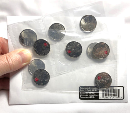 2012 Canadian 25-Cent Quarters, TWO Pack of 5-Coins EACH Coloured and Not Coloured: TECUMSEH