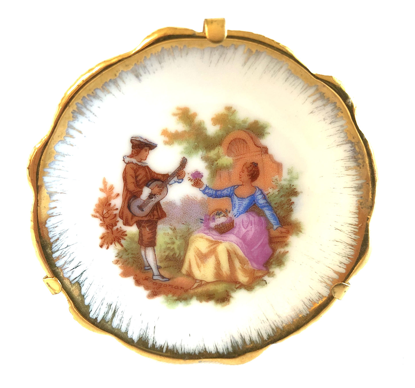 Miniature LIMOGE DECORATIVE PLATE with Stand or Wall Hanger: 'A COURTING COUPLE'