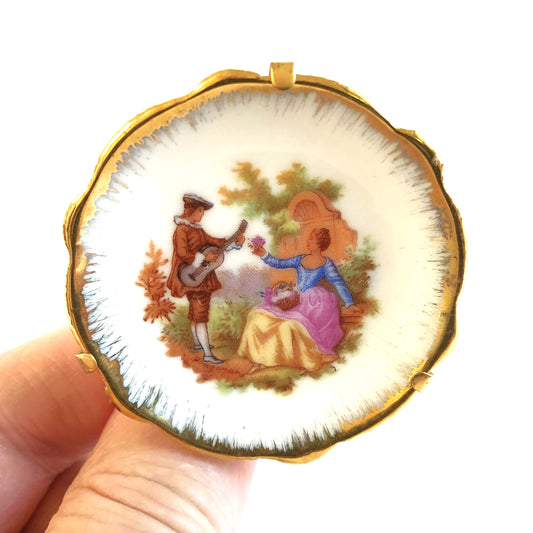 Miniature LIMOGE DECORATIVE PLATE with Stand or Wall Hanger: 'A COURTING COUPLE'