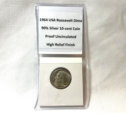 1964 Roosevelt Dime 10-Cent USA: 90% Pure Silver Proof Uncirculated High Relief Finish in Display Pouch!